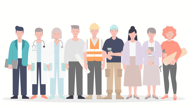 A diverse group of people including a doctor, construction worker, and others standing together in a line, representing different professions and lifestyles.