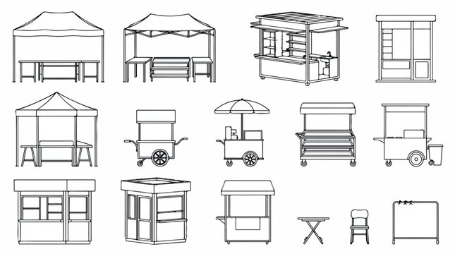 Street food stall line icons set, outdoor market kiosk and vendor cart vector collection, festival tent and retail booth outline illustrations