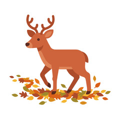 Fototapeta premium Cute Deer Walking in Autumn Leaves Vector Illustration