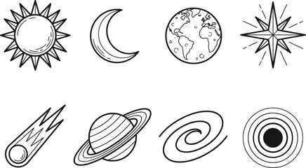 Linear space icons collection featuring hand drawn sun moon planet earth star comet and galaxy sketches on transparent bk. © MRSTOCK LAB