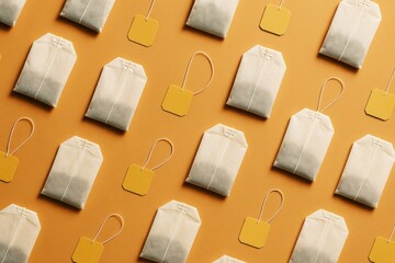 Obraz premium Pattern of tea bags and yellow tags arranged in seamless repetition on warm orange background, showcasing creative and light-themed design concept. Ai generative