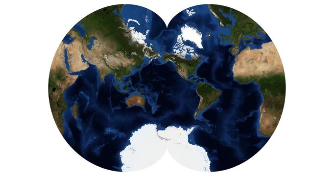 World Map. Animated August epicycloidal projection. Longitude shift rotation visualization. June View. Elements of this video furnished by NASA.