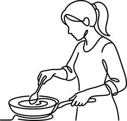 Obraz premium Continuous line drawing of a woman cooking in a frying pan.
