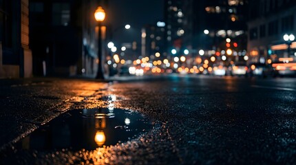 Obraz premium Rainy city street at night with glowing bokeh lights reflecting in puddle