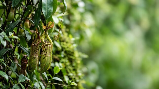 Tropical pitcher plants hanging in a lush green jungle environment