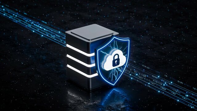 A futuristic illustration of a server with a shield and lock on a dark background with blue neon lines and binary code