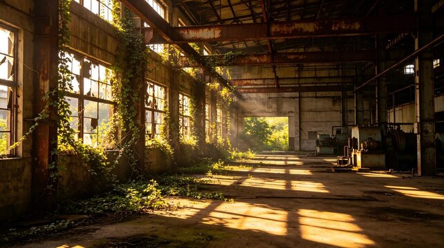 Abandoned factory steel beams overgrown vines nature reclaiming ruins