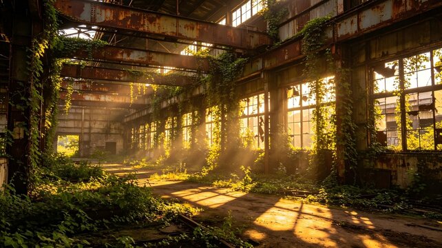 Abandoned factory steel beams overgrown vines nature reclaiming ruins