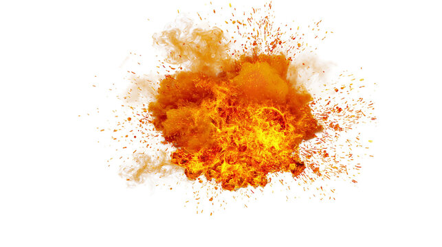 Fiery orange explosion with smoke and sparks, isolated on transparent background