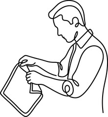 Fototapeta premium Continuous one line drawing of a man inspecting a piece of fabric.