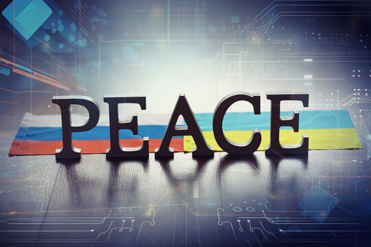 Double exposure Peace Word and abstract technology background. International conflict, American hegemony, War.
