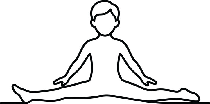 A black and white line drawing of a person sitting in a straddle split pose.