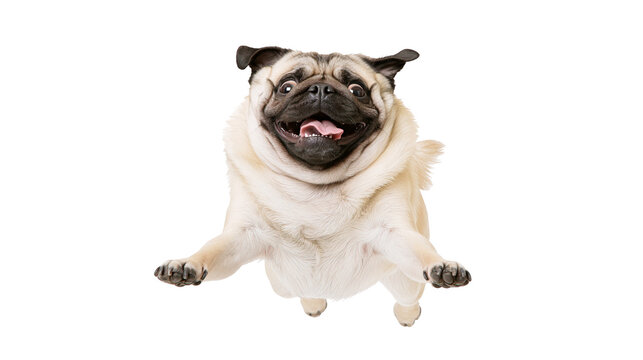 Joyful pug dog mid-air jump with open mouth and outstretched paws, isolated on transparent background