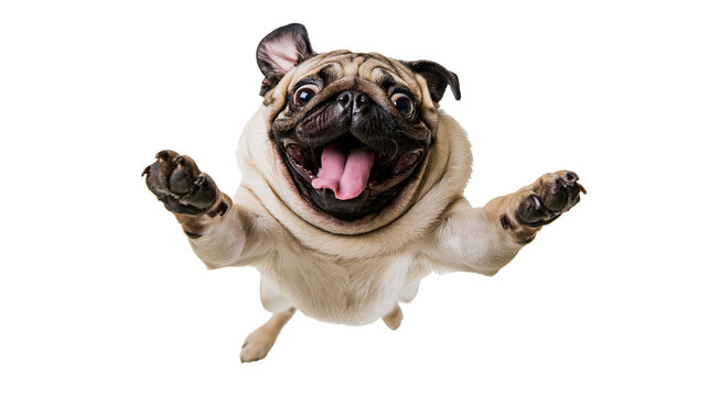 Joyful pug dog with open mouth and outstretched paws, isolated on transparent background