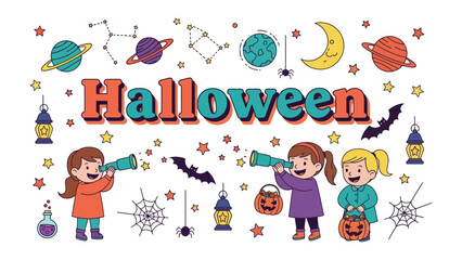 Fototapeta premium Halloween Celebration: A whimsical illustration of children celebrating Halloween with stargazing, surrounded by festive symbols and cosmic elements.