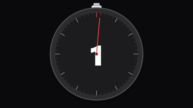 Countdown Timer Animation Displaying Decreasing Numbers with a Red Second Hand for Video Projects