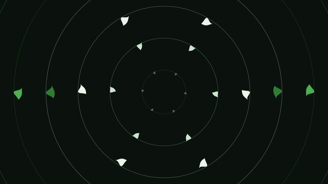 Motion Graphic of Abstract Green Leaf Shapes Revolving Rhythmically Within Concentric Circles Background