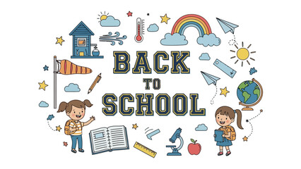 Naklejka premium Back to School Collage: A vibrant illustration celebrating the return to school, featuring cheerful children, school supplies, weather elements, and academic icons.