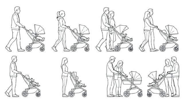 Minimalist line art people with baby strollers, architectural scale figures of parents walking with prams, set of 8 vector outline family silhouettes