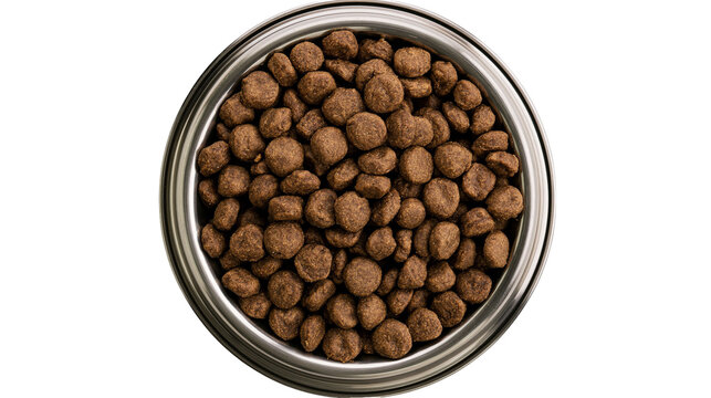 Round metal bowl filled with brown kibble, isolated on transparent background