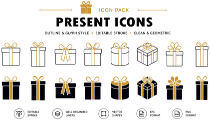 A collection of various gift box icons featuring clean outlines and solid black glyph styles with elegant gold ribbons displayed as a set on transparent background © Graphixa