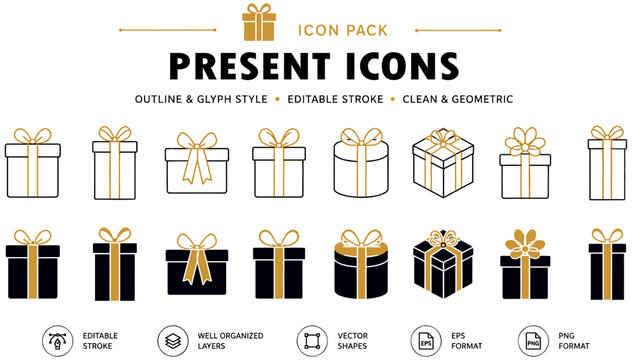 A collection of various gift box icons featuring clean outlines and solid black glyph styles with elegant gold ribbons displayed as a set on transparent background