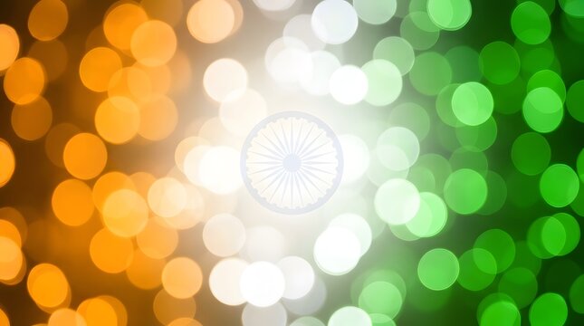 Abstract indian flag background with bokeh lights and ashoka chakra symbol