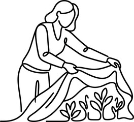 Obraz premium Continuous line art illustration of a woman tending to plants.