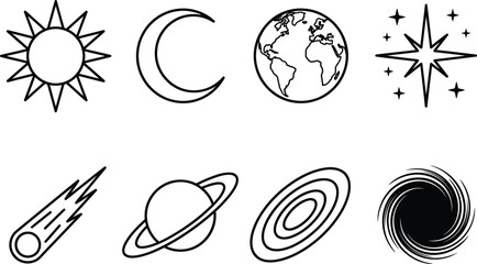 Set of space object icons outline style. sun and moon, earth and saturn, comet and galaxy black hole, stars set. © MRSTOCK LAB