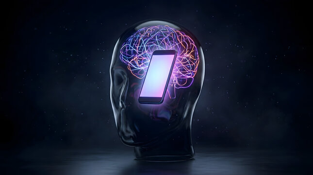 Abstract digital addiction concept with dopamine overload, glowing screens, fragmented attention, anxiety and cyber fatigue in surreal 3D style. AI Generated.
