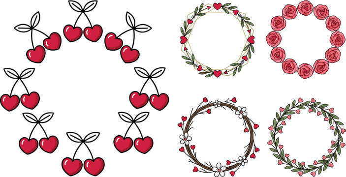 Romantic Floral and Fruit Wreath Vector Icon Set Featuring Heart Cherry Borders Watercolor Rose and Vine Circular Frames for Valentine Day Wedding and Greeting Designs