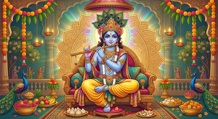 Fototapeta premium Lord Krishna playing flute on ornate throne with peacock motifs and devotional temple setting for Janmashtami festival artwork