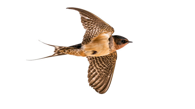 Brown and tan swallow bird in flight, isolated on transparent background