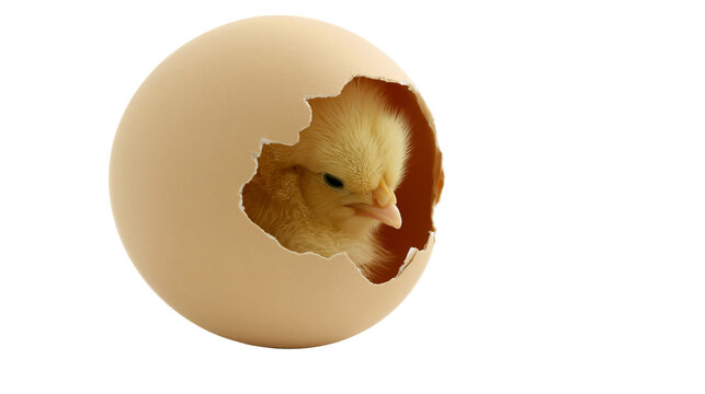 Fluffy yellow chick emerging from a cracked beige eggshell, isolated on transparent background