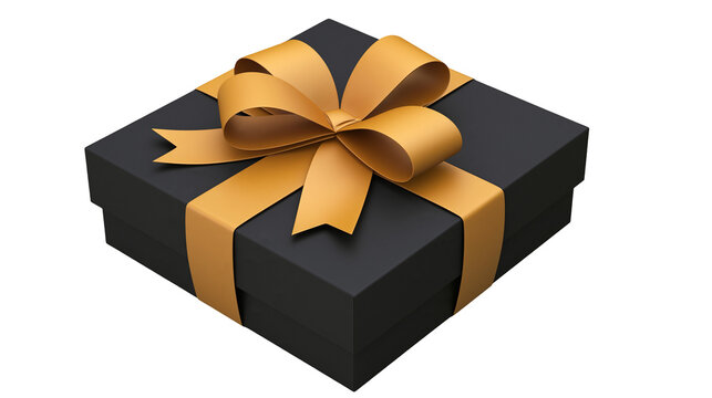 Elegant black gift box with golden ribbon and bow, isolated on transparent background
