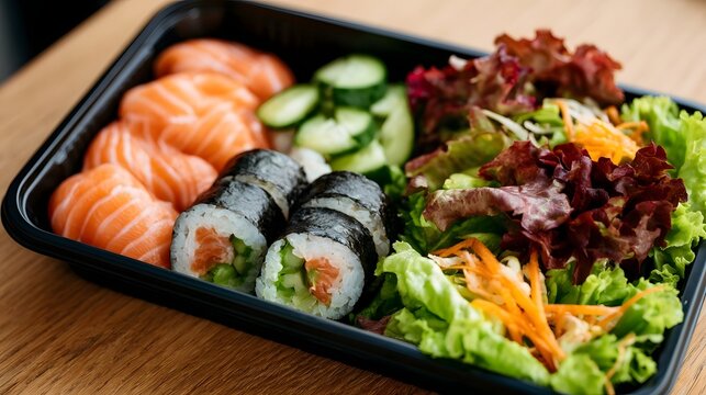 A compact box containing fresh sushi and a vibrant salad offering a healthy and appealing meal option
