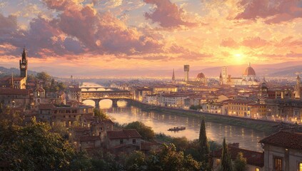 Naklejka premium Panoramic view of a European cityscape with sunset, river, and architecture