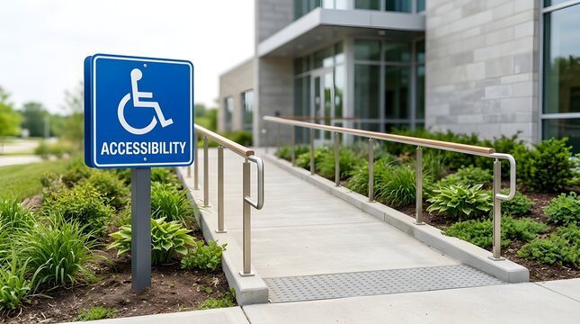 Wheelchair Access Sign with Concrete Ramp, Representing Compliance and ADA Accessibility Regulations for Commercial Buildings