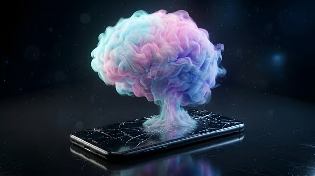 Abstract digital addiction concept with dopamine overload, glowing screens, fragmented attention, anxiety and cyber fatigue in surreal 3D style. AI Generated.