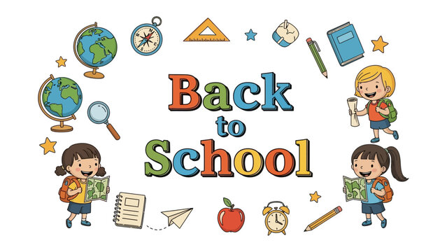 Back to School Celebration: Adorable cartoon children with backpacks and maps surround the vibrant Back to School text, framed by educational icons, symbolizing a fun and exciting new academic year.