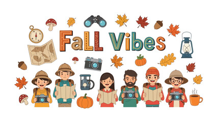 Fototapeta premium Fall Vibes Collection: A whimsical illustration capturing the essence of autumn adventure with cheerful characters, seasonal elements, and symbols of outdoor exploration.