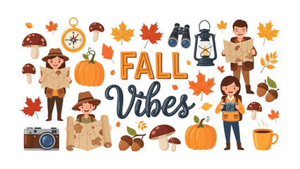 Fall Vibes Celebration: A whimsical collection of autumnal elements and cheerful characters embodies the spirit of fall, featuring pumpkins, maple leaves, mushrooms, and people ready for adventure. © Abu
