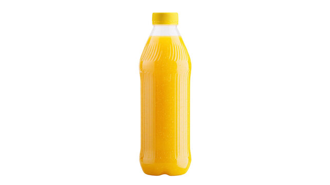 Clear plastic bottle filled with bright orange juice, isolated on transparent background