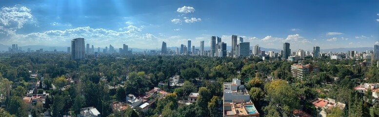 Naklejka premium Panoramic view of a lush green cityscape with a vibrant blue sky and tall buildings