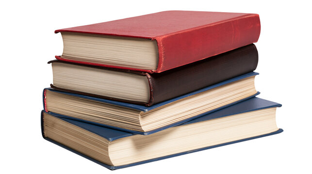 Stack of four hardcover books in red brown and blue, isolated on transparent background