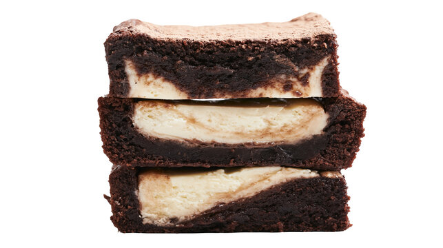Stack of three rich dark chocolate cheesecake brownies dusted with cocoa powder, isolated on transparent background