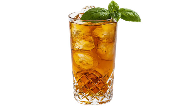 Tall glass of iced tea with basil garnish, isolated on transparent background
