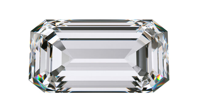 Clear emerald cut diamond with rainbow refractions, isolated on transparent background