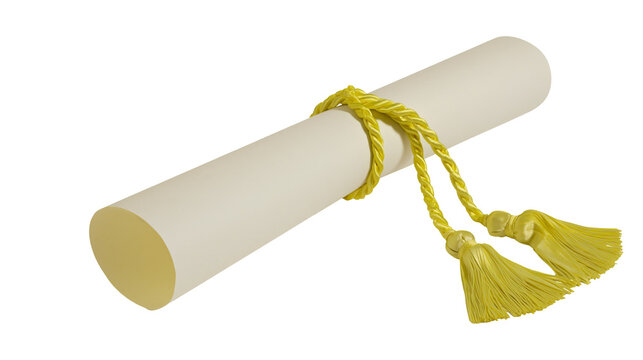 Rolled diploma scroll with yellow tassels, isolated on transparent background