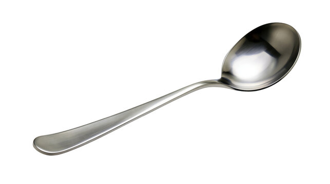 Shiny metal spoon with curved handle, isolated on transparent background